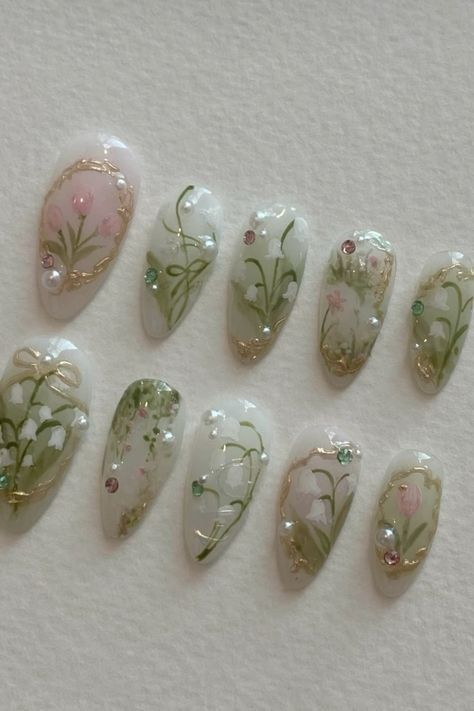 Lily Of The Valley Nails, Fairy Lily, Flowers Coquette, Fake Nails Designs, Blush Nails, Coquette Fairy, Pretty Gel Nails, Really Cute Nails, Jelly Nails