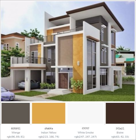 This awesome House Exterior has 4 colors combination with Wenge, Indian Yellow, White Smoke and Bistre. Indian House Elevation Colors, Best Colour Combinations For Exterior Walls, Color Schemes For House Exterior, Colour Palette For Exterior Of House, Front Elevation Color Combination, White Home Exterior Colors, Best House Colors Exterior Indian, House Elevation Paint Colours, Color Scheme For Exterior Of House