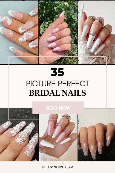 35 picture perfect bridal nails 2023 Bridal Nail Trends, Elegant Bride Nails Classy, Nails 2023 Trends For Wedding, Wedding Guests Nail Designs, 2023 Wedding Nails For Bride, Wedding Nails For Bride Vintage, Elegant Wedding Nails For Bride White, Coffin Shaped Wedding Nails, Classy Nails Wedding