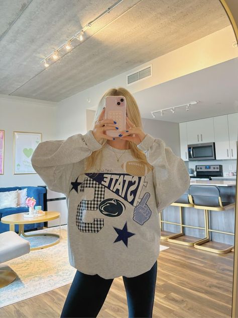 Pennant Sweatshirt, Sorority Tailgate, College Pennants, State College Pa, Patchwork Hoodie, Hoodie Diy, College Diy, Patchwork Sweatshirt, College Sorority