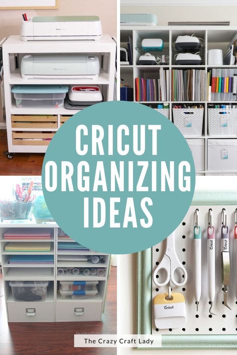 Cricut Crafting Room Ideas, Cricut Organizing Ideas, Small Space Cricut Organization, Cricut Maker Storage Ideas, Cricut Shelf Storage, Cricut And Heat Press Desk, Cricut Dresser Ideas, Cricut Holder Ideas, Organizing Cricut Supplies Craft Rooms