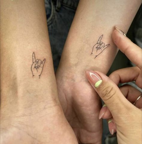 #pinterest #tattoo #tattoosforwomen #inspiration #life #lifestyle #inked Horns Up Tattoo, Fun Friend Tattoo Ideas, Tattoo With Guy Best Friend, Tiny Bsf Tatoos, Summer Friends Tattoo, Four Best Friend Tattoos, Non Cheesy Best Friend Tattoos, Small Meaningful Best Friend Tattoos, Non Basic Best Friend Tattoos