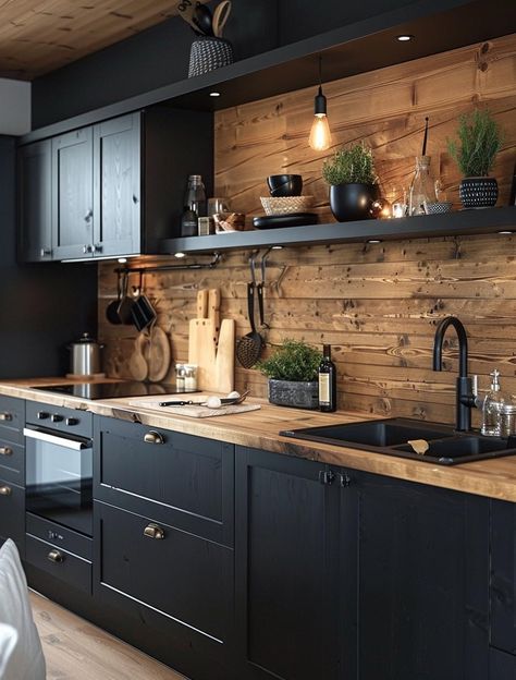 Black One Wall Kitchen, Nice Kitchen Aesthetic, Black Cabinets Granite Countertops, Black Country House Interior, House Interior Industrial, Big Cottage Kitchen, Black Cupboards Butcher Block Counter, Modern Remodel Ideas, Black Homes With Wood Accents