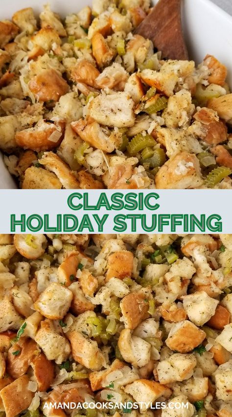 Classic Holiday Stuffing Recipe – Also known as “dressing”, this classic stuffing recipe is the perfect side dish for your upcoming Thanksgiving gatherings. Dressing For Thanksgiving, Holiday Stuffing Recipes, Pumpkins Decorating, Classic Stuffing Recipe, Holiday Stuffing, Classic Stuffing, Thanksgiving Stuffing Recipes, Dairy Free Salads, Southern Thanksgiving