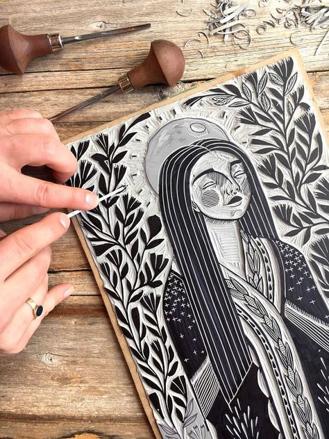 Linocut Art Ideas People, Printmaking Self Portrait, Lino Print People, Lino Print Illustration, Linocut People, Xilografia Ideas, Woodcut Print, Print Ideas, Linolium Printing