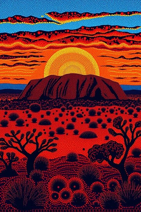 Experience the mesmerizing beauty of this Australian Aboriginal art print, depicting a stunning Uluru sunset landscape. This vibrant piece features intricate dot painting techniques in rich red, blue, and yellow hues, making it a perfect addition to any home decor. 🌅 Cultural Masterpiece: Reflecting the rich traditions of Aboriginal art, this print beautifully captures the essence of Indigenous Australian culture. 🌈 Vibrant Color Palette: The blend of red, blue, and yellow hues creates a dynam Dot Painting Landscape, Australian Dot Art, Australian Landscape Art, Indigenous Painting, Australian Sunset, Aboriginal Art Australian, Australian Culture, Australian Aboriginal Art, Australian Painting