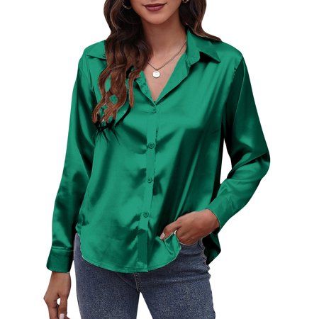 Please note, this item ships from an international seller. Expected delivery is 10-15 days. Description: Solid shirt in satin fabric is simple and classic. Loose silhouette with turn-down collar, long sleeve, buttoned cuff and buttoned front. You can pair it with or skirt for office, party, or holiday. Curved hem allows you to tie a knot for a crop style. Features: Crafted from 100% polyester satin fabric in solid color, smooth and lightweight. Simple and classic style with turn-down collar, mat Silk Long Sleeve Blouse, Satin Bluse, Fall Blouse, Boho Floral Dress, Women's Casual Style, Satin Shirt, Satin Blouse, Summer Fabrics, Grunge Style