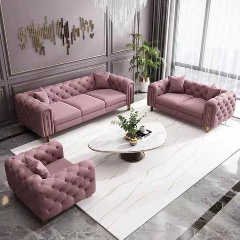 Tufted Sofa Living Room Ideas, Tufted Sofa Living Room, Pink Sofa Living Room, Chesterfield Sofa Living Room, Boubou Styles, Hotel Sofa, Classic Living Room Design, Stylish Sofa Sets, Velvet Sofa Set