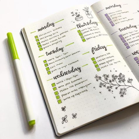 Bullet journal weekly spread, flower doodle, plant doodle, planner. @maryberrystudy Bullet Journal Weekly Spread Ideas, Diario Bullet, Filofax Pocket, Bullet Journal September, Weekly Spread Ideas, Bullet Journal Minimalist, Journal Weekly Spread, Bujo Weekly Spread, Journal Weekly