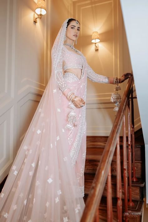 Bride: Sonnalli Sajnani In Our Pink Chiffon Saree Set Saree For Engagement Brides, Stylish Lehenga Designs, Pink Chiffon Saree, Saree For Engagement, Indian Wedding Reception Outfits, Pink Anarkali Suits, Pink Bridal Lehenga, Cultural Wear, Bridal Entry