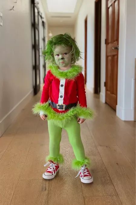 BABY GRINCH! My daughter was finally old enough to carry on our family Halloween costume tradition!  Truly my favorite costume we bring out every Halloween — and why does it match my toddlers attitude sooo perfectly. This would be fun for Christmas too. Tap for costume inspo! The Grinch Fancy Dress, Grinch Costumes Diy, Diy Grinch Costume Kids Easy, Diy Grinch Outfit, Diy Christmas Costumes For Kids, Diy Grinch Costume, Kids Grinch Costume, Grinch Fancy Dress, Diy Christmas Costumes