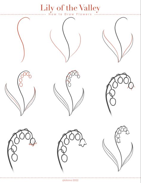 Flowers Drawing How To, Lily Of The Valley Cute Drawing, Lily Of The Valley Reference, Draw Flower Tutorial, How To Draw A Lily Of The Valley, How To Draw Lily Flowers, How To Paint Lily Of The Valley, How To Draw Lilies Step By Step, Lily Of The Valley Flower Drawing