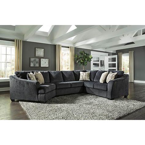 Take cozy to a whole new level with this soft, uniquely configured sectional featuring deep seats and plush upholstery. Sectional With Cuddler, Gray Couches, Cuddler Sectional, Furnitur Ruang Keluarga, Large Sectional, Sofa L, Accent Ottoman, Gray Walls, Grey Sectional