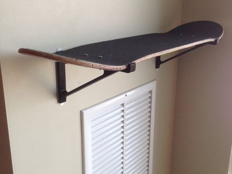 I designed some brackets to turn a worn out skateboard deck into a shelf. (Command strips did not work for me, had to install nail holes) Skateboard Shelf, Skateboard Shelves, Skateboard Room, Skateboard Furniture, Skateboard Decor, Skateboard Wall, Skateboard Decks, My New Room, Boys Room