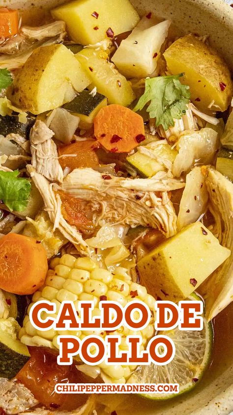 Closeup of the delicious caldo de pollo, looking extra delicious. Spanish Chicken Soup Recipes Homemade, Pollo Caldo Soup, Easy Chicken Caldo Recipe, Caldo Soup Recipes, Chicken Vermicelli Soup, Chicken Caldo Recipe, Chicken Caldo Mexican Recipe, Mexican Chicken Soup Recipes, Spanish Chicken Soup