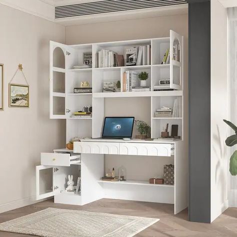 Home Office Bookshelf Spacious Multi-Section Workstation Desk - 62.4"x79.1undefined - On Sale - Bed Bath & Beyond - 40157085 Desk Bookshelf Combo, Library Room Decor, Library Room Design, Home Office Bookshelf, White Writing Desk, Office Bookshelf, Workstation Desk, Home Library Rooms, Room Focal Point