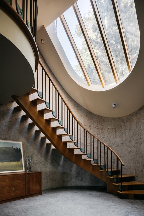 Eric Lloyd, Modernist Home, Winding Staircase, Terrazzo Floors, Concrete Fireplace, Los Angeles Real Estate, Wooden Staircases, California Real Estate, Spanish House