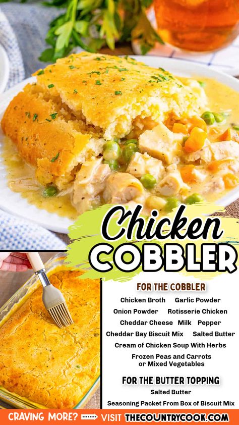 Chicken Cobbler is an easy comfort meal that will definitely go into your regular dinner rotation! With simple ingredients and just a little bit of prep, this dinner is sure to be a family favorite! Chicken Pot Pie Cobbler, Chicken Cobbler Casserole, Rotisserie Chicken Uses, Chicken Cobbler Recipe, Unhealthy Recipes, Chicken Cobbler, Pies Recipes, Dinner Rotation, Comfort Casseroles