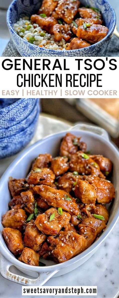 Chinese Meal Prep Healthy, Weight Watchers General Tso Chicken, Crock Pot General Tso Chicken Easy, General Tso Chicken Meal Prep, Healthy Asian Crockpot Recipes, General Tso Chicken Easy Crockpot, Asian Chicken In Crockpot, Crockpot Chicken Recipes Healthy Clean Eating, Slow Cooker Complete Meals