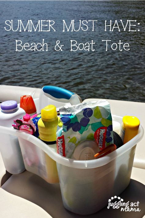 Summer Must Have: Beach & Boat Tote | Juggling Act Mama --- This is a great travel idea. Keep everything in one neat container. #rvorganization Boat Organization, Camping Menu, Boating Tips, Lake Fun, Boat Tote, Beach Boat, Camping Cot, Lake Trip, Cool Boats