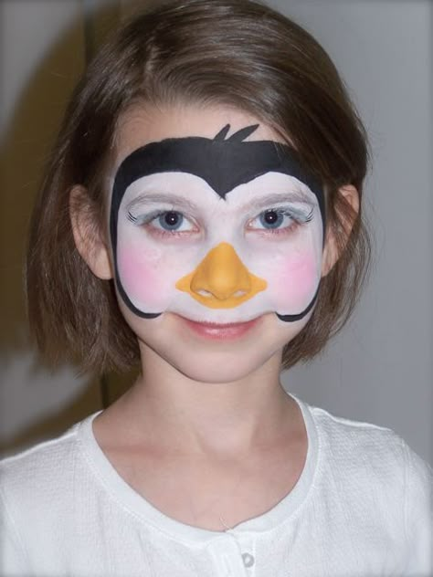 face painting-  penguin - i'd like to see a little more to this, maybe outline the beak, and make the white a bit stronger Bodysuit Tattoos, Christmas Face Painting, Girl Face Painting, Face Painting Easy, Kids Face Paint, Body Suit Tattoo, Face Painting Designs, Kids Makeup, Halloween Make Up