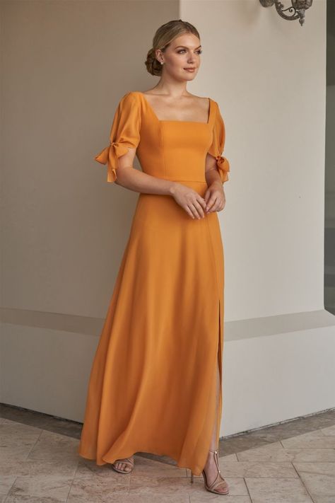 Rust Gown, Soft Skirt, Bridesmaid Dresses With Sleeves, Bridesmaid Dress Sizes, Gowns With Sleeves, A Line Gown, Square Necklines, Modest Dresses, Square Neckline