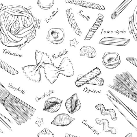 Italian Pasta Tattoo, Food Background Wallpapers, Pasta Box, Italian Pattern, Ancient Tattoo, Food Coloring Pages, Food Sketch, Food Illustration Art, Detailed Coloring Pages