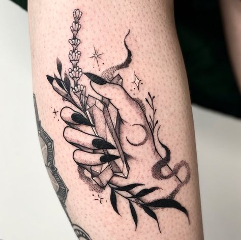 High Fae Tattoo, Witchy Tattoos Thigh, Creepy Feminine Tattoos, Witchy Candle Tattoo, Dancing Witches Tattoo, Witchy Leg Tattoos, Whimsical Tattoos For Women Sleeve, Witchy Tattoo Sleeve, Witchy Back Tattoo