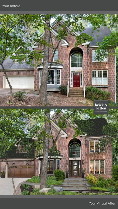 If you’re looking to modernize your brick home but don’t want to paint the brick, updating your window trim is a great option. Here, the natural red brick of this home is complemented by trim painted in Revere Pewter by Benjamin Moore. Check out this post for more exterior window trim ideas! #exteriordesign #exteriorpaint #trim #windowtrim #paintideas #trimideas Updating Home Exterior, Red Brick House Exterior Bay Window, How To Make Red Brick Look Modern, Wood Door On Red Brick House, Modernize Red Brick House, House Paint Colors With Red Brick, Updating Red Brick Exterior, Red Brick Trim Colors Home Exteriors, Updated Red Brick House Exterior