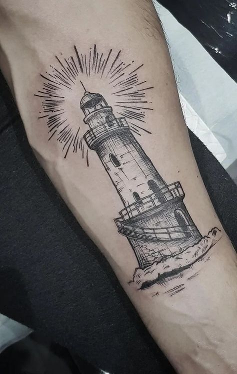 Montauk Lighthouse Tattoo, Annihilation Aesthetic, Light House Tattoo, Lighthouse Tattoo Meaning, Traditional Lighthouse Tattoo, Travel Tattoo Ideas, Castle Tattoo, Pretoria South Africa, Travel Tattoos