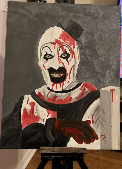 Halloween Theme Painting Canvas, Scary Paintings Easy Canvas, Art The Clown Pumpkin, Art The Clown Painting, Painting Ideas On Canvas Horror, Scary Movie Paintings, Terrifier Painting, Horror Paintings Canvas, Grinch Painting On Canvas