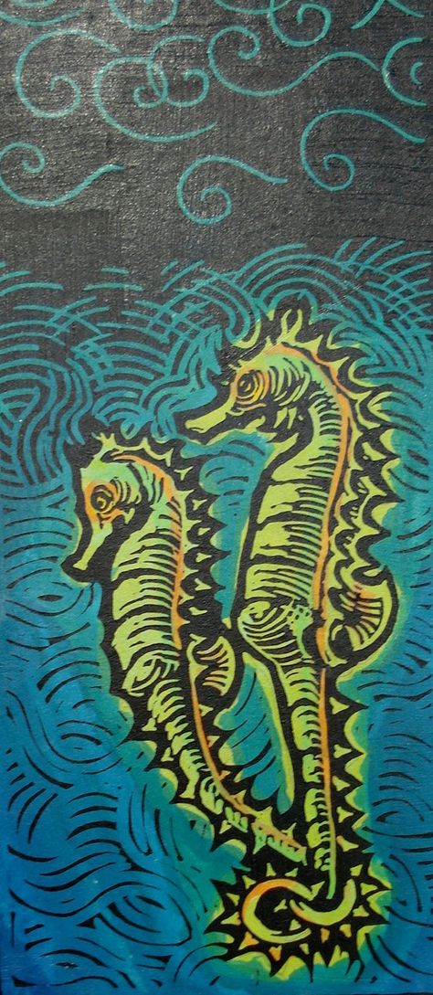 "Seahorses" unframed, linoleum block print with watercolor available on canvas with mixed media or print only. Seahorse Lino Print, Octopus Block Print, Wild Swimming Lino Print, Under The Sea Lino Print, Seahorse Print, Linoleum Block Printing, Linoleum Block, Seahorses, Silk Screen