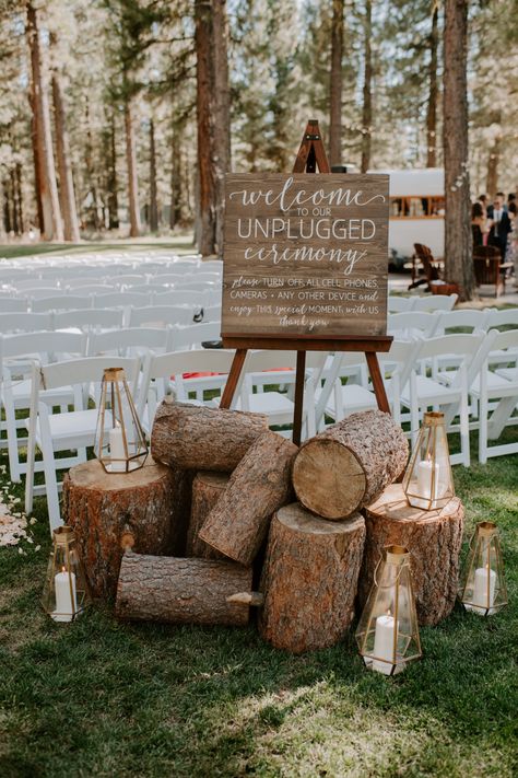 Outdoor Wood Wedding Ideas, Logger Themed Wedding, Wooden Stumps Wedding Ceremony, Fall Camp Wedding Ideas, Seating For Outdoor Wedding, Wood Stumps Wedding, Forest Wedding Activities, Small Woods Wedding Ceremony, Cabin In The Woods Wedding