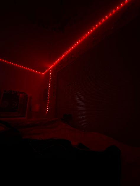 Light Led Room, Red Lights Bed, Black Room Led Lights, Fifty Shades Grey Aesthetic Red Room, Red Lights In Bedroom, Bedroom With Red Led Lights, Dimly Lit Bedroom, Dark Room With Led Lights, Room With Red Led Lights