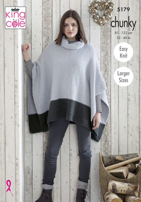 Ladies Ponchos Knitted in Timeless Chunky - King Cole Easy Poncho Knitting Pattern, Cowl Neck Poncho, Womens Knitting Patterns, Poncho Knitting Patterns, Chunky Knitting Patterns, Knitted Cape, King Cole, Ladies Poncho, Quick Knits