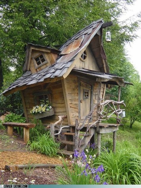 This makes me think of Barnaby's crooked house from March of the Wooden Soldiers, a childhood favorite. Whimsical Playhouse, Crooked House, Hobbit House, She Sheds, Whimsical Garden, Shed Plans, Wooden House, Fairy Houses, Fairy House