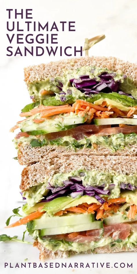 The Ultimate Veggie Sandwich - Plant Based Narrative Plant Based Oil Free, Vegetarian Sandwich Recipes, Vegan Sandwich Recipes, Whole Food Plant Based, Plant Based Diet Recipes, Wfpb Recipes, Veggie Wraps, Vegetarian Sandwich, Veggie Sandwich