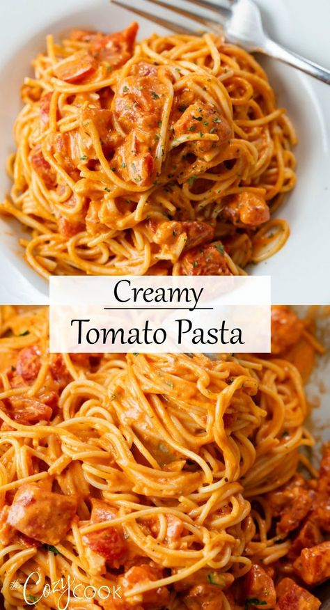 This Creamy Tomato Pasta is the perfect pasta recipe for the whole family! Budget friendly and easy to make, this 20 minute one pot meal can be served by itself or with chicken! #budgetmealplanning #30minutemeals #saucerecipes #italianrecipes Creamy Tomato Pasta Recipes, Steak Shrimp, Cream Cheese Pasta, Creamy Spaghetti, Creamy Tomato Pasta, Cozy Cook, Tomato Pasta Recipe, Meatless Meal, Cozy Dinner