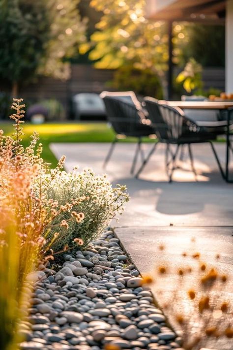 Concrete Patio Border - Creative Ideas for Your Yard Cement Patio Landscaping, Patio Border Ideas Landscape Edging, Concrete Patio Transition To Yard, Concrete Patio With Stone Border, Crushed Concrete Landscaping, Concrete Patio Border Ideas, Concrete Patio Landscaping Ideas Border, Landscaping Around Cement Patio, Paver Patio Border Ideas