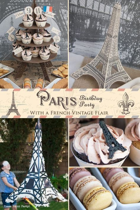 Paris Party with a French Vintage flair - Press Print Party! All you need in one post for the most elegant and fun Paris Party ever. French Themed Birthday, Eiffel Tower Decor, Quince Party, Paris Ideas, Vintage Eiffel Tower, Paris Themed Birthday Party, Paris Prom, French Party, Parisian Party