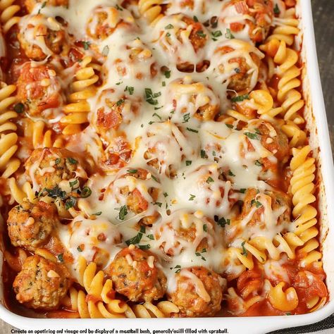 Dump and Bake Meatball Casserole Recipe - elianarecipes.com Rotini And Meatballs, Pasta Dishes With Meatballs, Dump Casseroles, Dump And Bake Meatball Casserole, Caserole Recipes, Ham Hock Recipes, Meatball Casserole Recipe, Baked Spaghetti And Meatballs, Ravioli Casserole