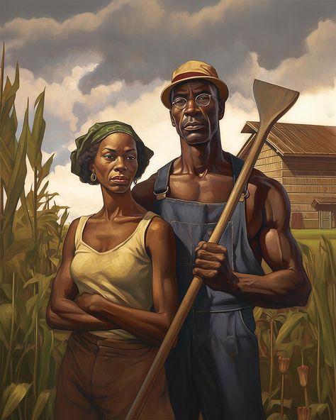 This iconic African American Gothic Farmer tee shirt features a black man and black woman farmer couple, embodying a vintage-inspired aesthetic of strength and commitment. The husband is featured with a facial expression of determination, combined with physical strength. His wife is paired to be a perfect match for her mate in unity and commitment. Available at my Etsy shop, link in profile. #melanatedcultureclub #afrocentricstyle #blackcouple #powercouple #americangothicfarmer #vintagei... Farmer Couple, Woman Farmer, Female Farmer, African Traditions, African American Culture, Physical Strength, Inspired Aesthetic, American Gothic, Culture Club