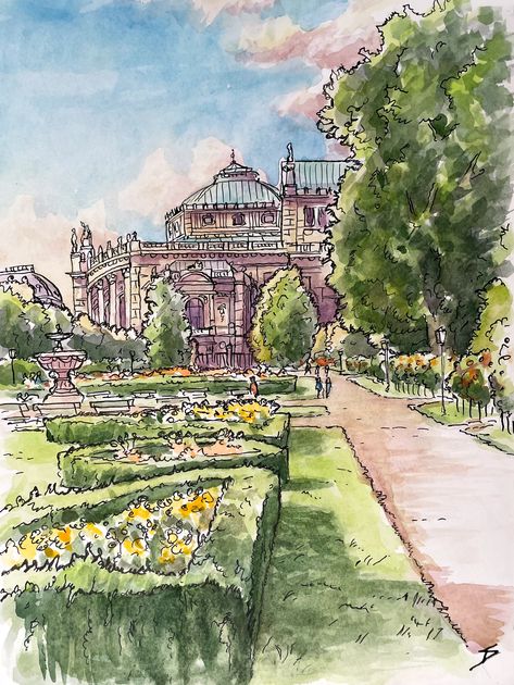 Urban Watercolor painting – 1010, Vienna, Austria. ‘View of the Burgtheater from the Volksgarten.’ Urban Watercolor, Vienna Travel, Watercolor City, Dorm Art, Apartment Art, City Drawing, Travel Sketches, Gallery Wall Prints, Garden Painting