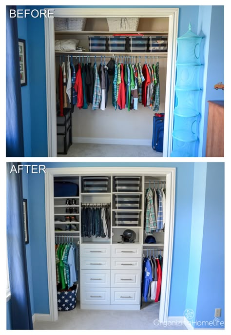 Organized Closet Before and After Shared Room Closet Organization, Shared Room Clothes Storage, Closet Storage Kids, Closet Organization Ideas Kids Room, Shared Bedroom Closet Organization, Closet Organization Ideas His And Hers, Closet Organization Ideas With Drawers, Kids Closet Makeover Diy, Boys Closet Storage