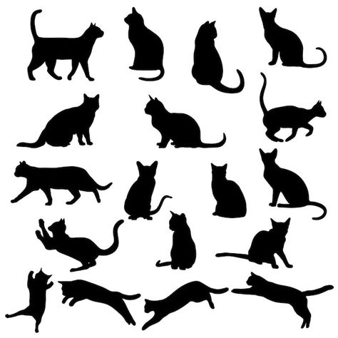 Silhouette Drawing, Silhouette Tattoos, Glass Objects, Cat Background, Cat Reference, Cat Doodle, Silhouette Painting, Cat Vector, Different Poses