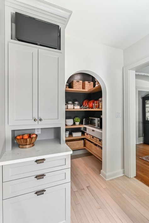 Dining Room And Pantry, Arch Doorway Ideas Kitchen Designs, Dining Room Wall Cupboard, Kitchen Cabinet Next To Doorway, Pantry In Middle Of Kitchen, Arched Pantry Doorway, Pantry With Arched Doors, Kitchen With Wall Pantry, Arched Doorway Pantry