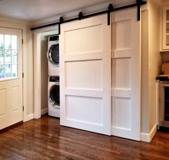 barn door Boston Large Laundry Room Doors, Sliding Bypass Barn Doors, Barn Door Laundry Room Closet, Bypass Pantry Doors, Sliding Barn Doors For Laundry Room, Laundry Room Double Doors, Overlapping Barn Doors Sliding, Barn Door For Laundry Room, Vacuum Cabinet