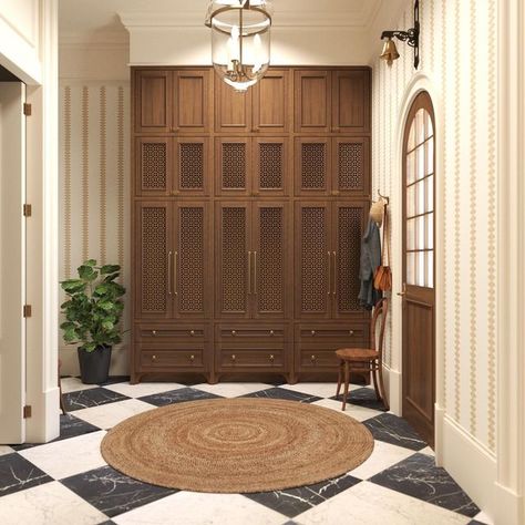 Luxury Mudroom Ideas Entryway, Entry Room Built Ins, Mudroom Wood Cabinets, Foyer Built Ins Entrance, Mudroom Locker Interior, Floor To Ceiling Mudroom Lockers, Vintage Mudroom Ideas, High End Mudroom, Art Deco Mudroom