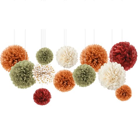 PRICES MAY VARY. Fall Themed Colors - Pumpkin orange, burgundy, sage green and ivory - these symbolic fall colors make your party charming and memorable. It is a great decoration for fall harvest parties and Thanksgiving Package Included - The party decor includes 12 tissue paper pom poms flowers: 5 12", 4 10", and 3 8". It takes 30 minutes to assemble these tissue pom poms decorations, so please prepare your party decor in advance Widely Used - This is a perfect fall party decoration for Thanks Fall Baby Birthday, Birthday Autumn, Fall Engagement Parties, Thanksgiving Birthday Parties, Autumn Tea Party, Fall Baby Shower Themes, Fall Harvest Party, Pumpkin Birthday Parties, Fall Party Decorations