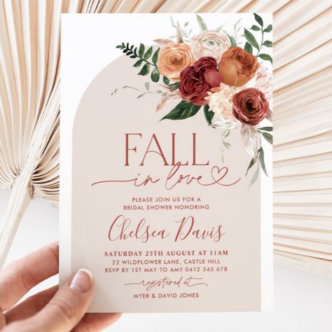 Fall In Love Floral Bridal Shower Arch Invitation Falling In Love Wedding Shower Ideas, Fall In Love Boho Bridal Shower Ideas, Wedding Shower Boho Theme, Fall In Love Bridal Shower Backdrop, Bridal Shower Fall Ideas, Falling In Love Theme Bridal Showers, Fall In Love Theme Bridal Showers, Fall In Love Engagement Party Decor, Fall Floral Bridal Shower Ideas